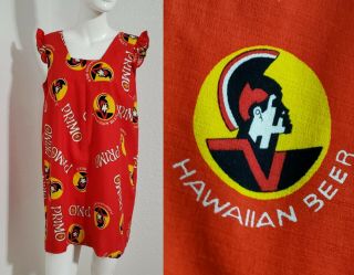 Rare Vintage 60s Barkcloth Dress Primo Hawaiian Beer Promo Tunic Barefoot Trader
