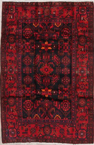 Vintage/retro Geometric Navy Blue And Red Hamedan Persian Oriental Wool Rug 5x7