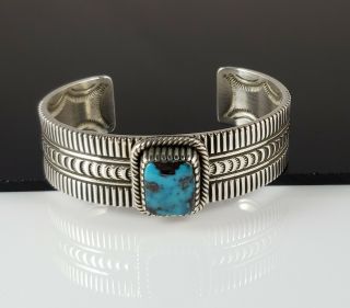 Sterling Silver Navajo Cuff Bracelet Rare Gem Candelaria Turquoise By Ned Nez