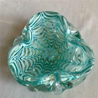 Vintage Heavy Sculpted Murano Glass Bowl W Aqua Swags & Gold Dust Italy