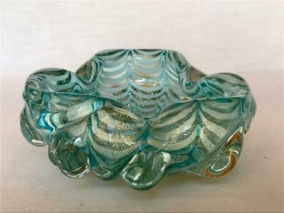 Vintage Heavy Sculpted Murano Glass Bowl w Aqua Swags & Gold Dust Italy 5