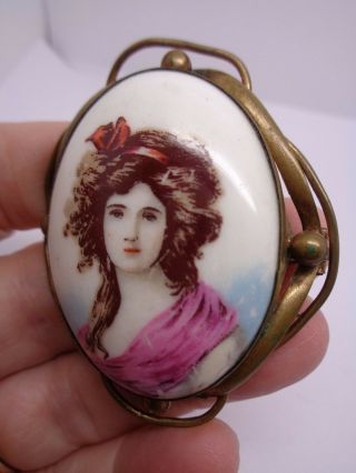 Vintage Victorian?minature Portrait Woman On Porcelain Brooch