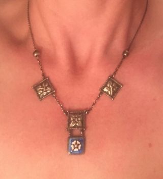 Edwardian sterling silver enamel arts and crafts necklace pendant 4