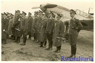 Rare Luftwaffe Pilots By Me - 109 Fighter Planes At Ceremony On Airfield
