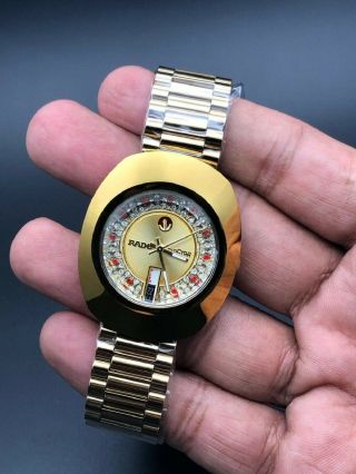 Vintage Rado Diastar Automatic Gold Plated Mens Wrist Watch Red And White Stone