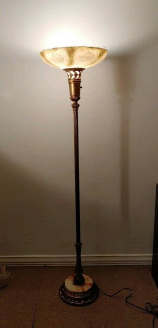 Antique Art Deco Vintage Torchiere Floor Lamp With Glass Shade & Marble Base