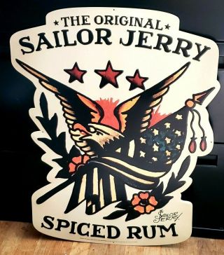 Lg 31 " X 23 " Sailor Jerry Rum Eagle Crest Vtg Tattoo Style Tin Advertising Sign