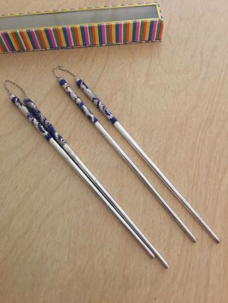 Set Of 2 Pairs Of Vtg Chinese Chopsticks Silver & Blue Enamel Phoenix Fenghuang