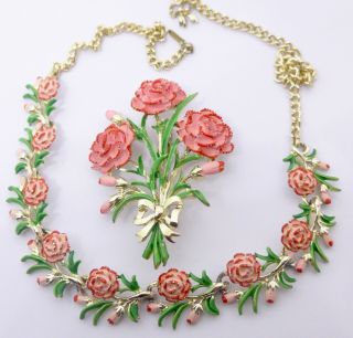 Vintage Signed Exquisite Carnation Flower Of The Month Brooch Pin Necklace Set