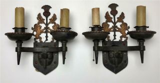 2 Antique Double Lion Scottish Medieval Gothic Forged Iron Wall Sconces Fixtures