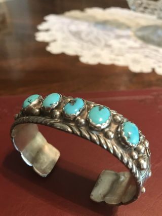 Vintage Native American Navajo Signed Sterling Turquoise Pyrite Cuff Bracelet