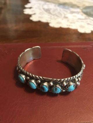 Vintage Native American Navajo Signed Sterling Turquoise Pyrite Cuff Bracelet 2