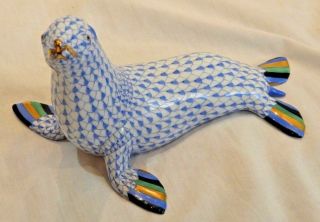 Vintage Herend Of Hungary Handpainted Blue Fishnet Seal Or Sea Lion Figure