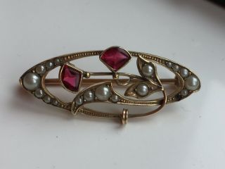 Fine Antique Art Nouveau Ornate 14 Ct Gold Ruby & Seed Pearl Floral Brooch