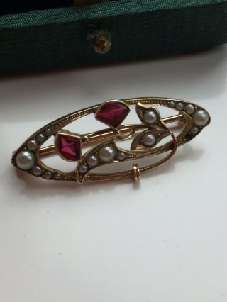 Fine Antique Art Nouveau Ornate 14 Ct Gold Ruby & Seed Pearl Floral Brooch 2