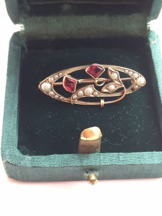 Fine Antique Art Nouveau Ornate 14 Ct Gold Ruby & Seed Pearl Floral Brooch 7