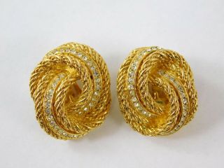 Vintage Christian Dior Clip On Earrings Crystal Rhinestones Knotted Goldtone