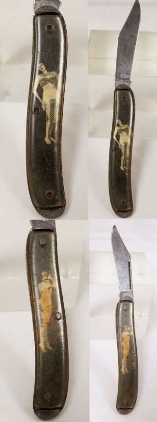 Vintage Double Sided Folding Jack Knife With Risque Pin Up Girls U.  S.  A.