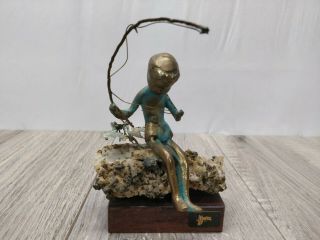 Vintage Malcolm Moran Bronze Sculpture Boy Fishing Signed