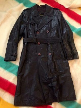 Vintage Lakeland Black Glove Leather Belted Double Breasted Trench Coat Nm L 42