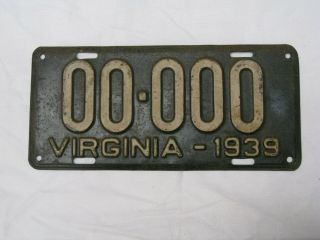 1939 Virginia Sample License Plate Va 00 - 000 Zero Vintage Number Tag