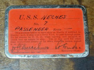 Pre Wwii Us Navy Liberty Card Pass Uss Neches Tally Oiler Sunk Early War