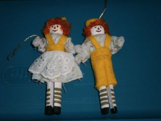 Vintage Raggedy Ann & Andy Clothespin Doll Xmas Ornament Set 4 Inch