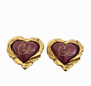 Christian Lacroix Vintage Clip On Earrings Gold Tone Maroon Heart 1990s