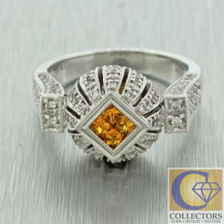 Vintage Estate 18k White Gold Square Citrine Diamond Cluster Engagement Ring