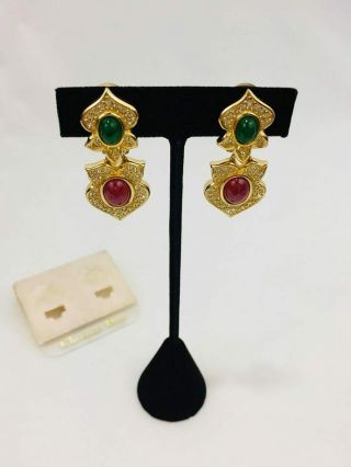 Christian Dior Vtg Dangle Clip Earrings Dual Color Faux Emerald Ruby Stones