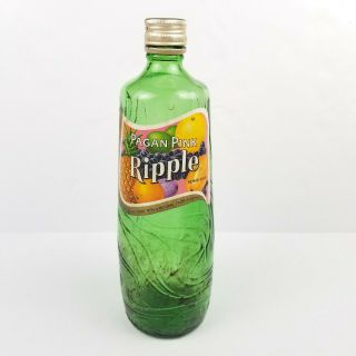 Vtg Old Ripple Wine Bottle Pagan Pink Green Sculpted Label & Cap Intact 10 "