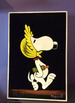 Vtg Snoopy Oil Painting On Black Velvet Wood Frame Peanuts Mavio Baby W Bottle