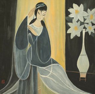 掛軸1967 Chinese Big Hanging Scroll " Beauty And Flowers In Vase " @b926