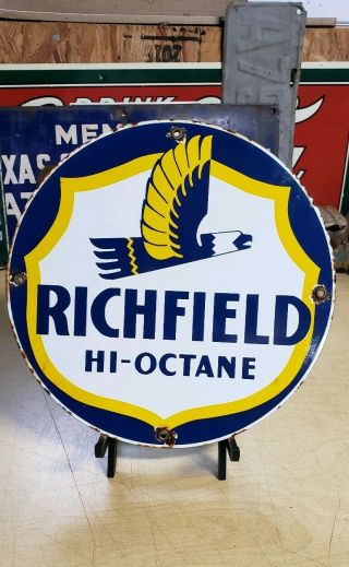 Richfield Hi - Octane Gasoline Porcelain Sign Vintage Motor Oil Gas Pump Plate