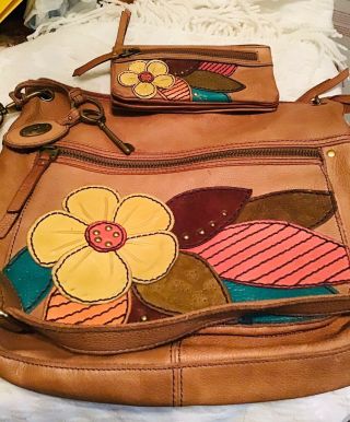 FOSSIL Long Live Vintage Shoulder Bag Hobo Purse,  Wallet Leather Appliqué Studs 3