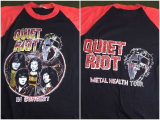 Vintage Mens S 1983 Quiet Riot Mental Health Tour Black Red Raglan Nos T - Shirt