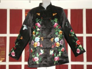 Old Chinese Black 100 Silk Jacket/robe Embroidered W/butterflies - Peonies