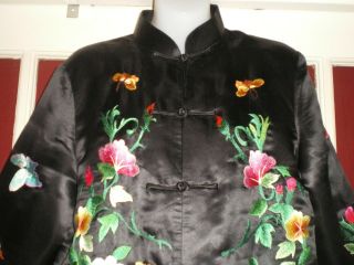 Old Chinese Black 100 Silk Jacket/Robe Embroidered w/Butterflies - Peonies 2