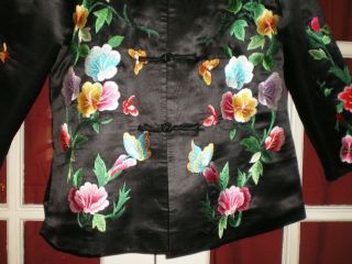 Old Chinese Black 100 Silk Jacket/Robe Embroidered w/Butterflies - Peonies 3