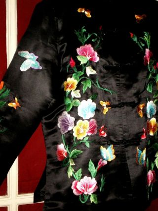 Old Chinese Black 100 Silk Jacket/Robe Embroidered w/Butterflies - Peonies 4