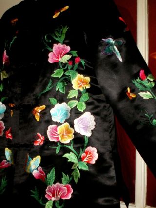 Old Chinese Black 100 Silk Jacket/Robe Embroidered w/Butterflies - Peonies 5