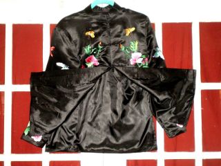 Old Chinese Black 100 Silk Jacket/Robe Embroidered w/Butterflies - Peonies 6