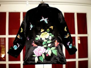 Old Chinese Black 100 Silk Jacket/Robe Embroidered w/Butterflies - Peonies 7