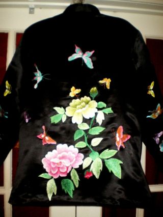 Old Chinese Black 100 Silk Jacket/Robe Embroidered w/Butterflies - Peonies 8