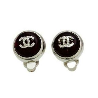 Authentic Vintage Chanel Earrings Cc Logo Red Glass Stone Round Ea1555