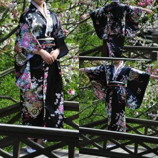 Vintage Kimono Costume Yukata Gown Japanese Floral Robe Haori Dress With Obi