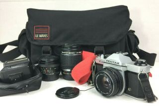 Pentax K1000 Vintage 35mm Slr Camera With 3 Lenses,  Flash,  Camera Bag,  Etc