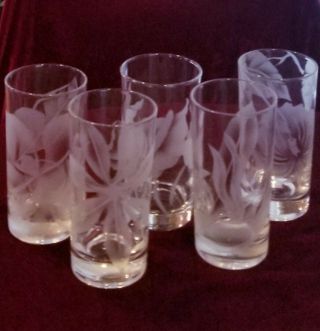 Vtg Frank Oda Hawaiian Floral Etched Glassware 5pc Collectable