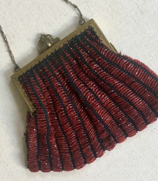 Antique Vintage Beaded Flapper Purse Red Beads Art Deco Black Silk Lining