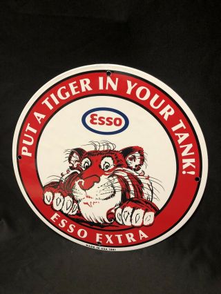 Vintage Marked “61” Esso Tiger Gasoline Porcelain Enamel Gas Pump Sign